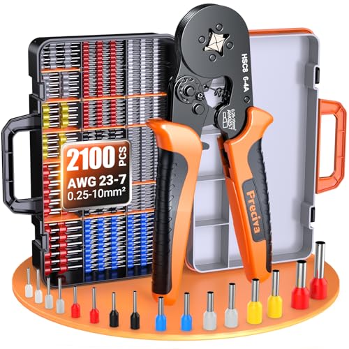 Preciva 2100PCS Ferrule Crimping Tool Kit, AWG 23-7 (0.25-10mm²) Self-Adjusting Ratchet Ferrule Crimping Tool with Storage Case - Quadrilateral Wire Crimp Pliers for Electrical, Car, Audio & DIY