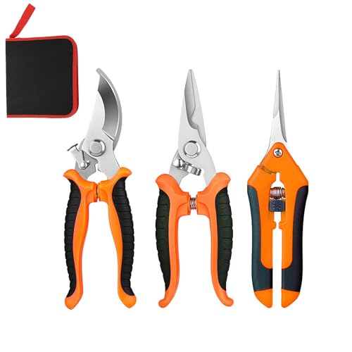 3PCS Garden Pruning Shears Set - Heavy Duty Bypass Pruners, Sharp Stainless Steel Gardening Scissors with Ergonomic Handle, Secateurs for Plants, Flowers, Fruit Trees, Bush Trimming (Orange) Orange