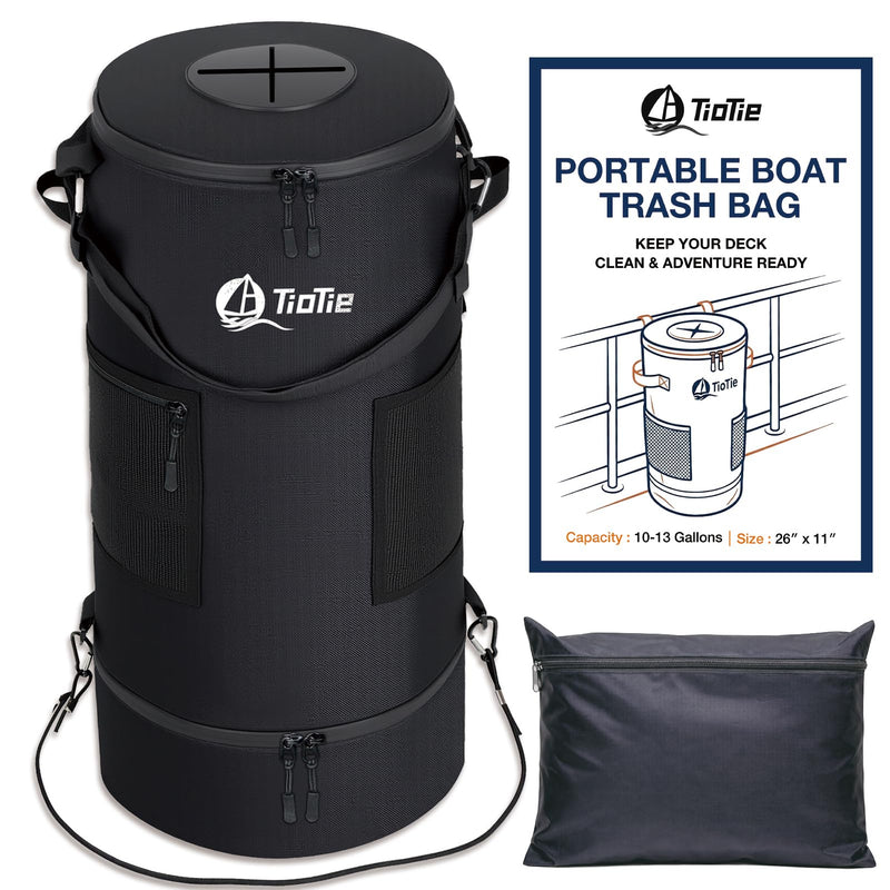 Boat Trash Can with 5.5in PVC Cross Opening, Large 26" Marine Garbage Bag for Pontoon, Fishing & Kayak Boats, 1680D Waterproof/Windproof Boat Trash Bag with Storage Pockets (Black) Black