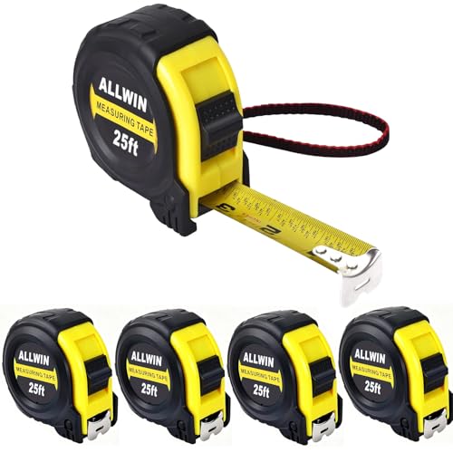 Tape Measure 25 Ft - 5 Pack Bulk Metal Retractable Tape Measure with Fractions, Easy Read, 1-inch Wide X 25 Foot Inches