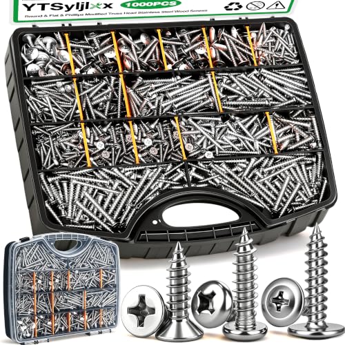 1000PCS Wood Screws Assortment Kit,#8/M3/M4/M5/M6 Assorted 304 Stainless Steel Marine Grade Screws,Pan & Flat & Phillips Truss Head Assorted Screws(1/2" to 2" Length) Silver-1000PCS