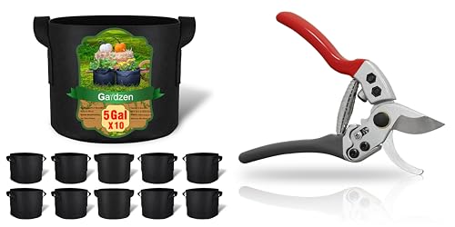 Gardzen Pruning Shear and Grow Bags Bundle: 8" SK5 Steel Bypass Pruner with Lock & 10-Pack 5 Gallon 300G Thickened Fabric Pots with Handles for Plants, Gardening and Aeration Planting