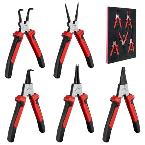 HAUTMEC 5-Piece Snap Ring Pliers Set, 7" Internal/External Circlip Pliers with Straight, 90° Bent & Flag Tip Lock Ring Pliers, Forged CRV Steel, for Automotive & Machinery