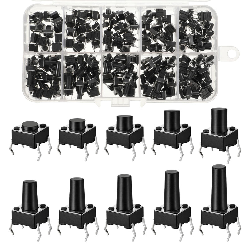 200 Pieces 10 Values Micro Momentary Tactile Pressure Switch Kit, 6 x 6 mm 4-Pin Push Switch Momentary Tactile Pressure Switch for Circuit Boards Versatile Assortment for Electronics Car Projects