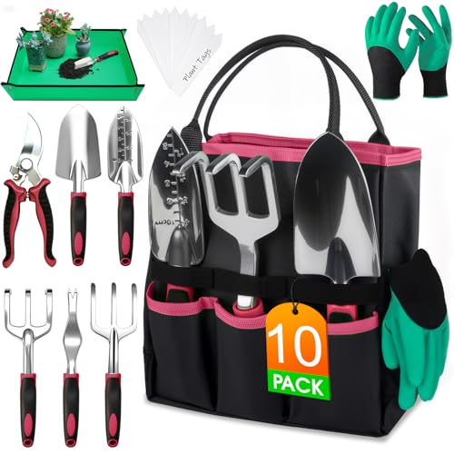 WOWBOX Garden Tools Set, 10 PCS Heavy Duty Gardening Hand Tools Kit, Red Black Red