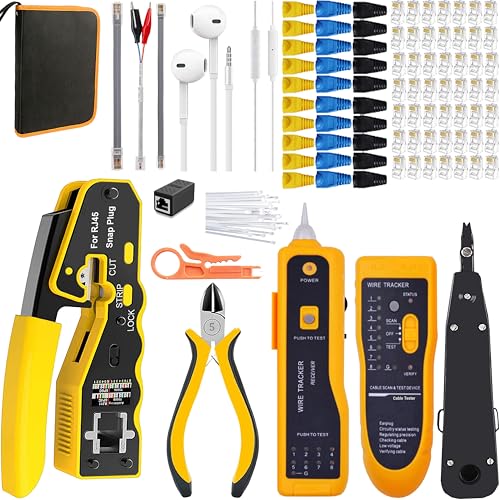 LEATBUY RJ45 Crimping Tool Kit for RJ11/RJ12/CAT5/CAT6/Cat5e, Professional Computer Maintenacnce Lan Cable Tester Network Repair Tool Set，Wire Crimper Wire Connector Stripper Cutter (WHITE) White