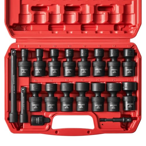 WIILDIS 19pcs 3/8" Drive Impact Socket Set with CR-MO Swivel Sockets, Flexible Wobble Design, Metric 8-22mm, 6-Point, Includes Extension Bars & Adapter