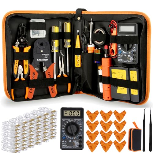 LEATBUY RJ45 Crimp Tool Kit Cat5 Cat5e Cat6 RJ45 Crimping Tool, 50PCS RJ45 Cat6 Connectors, 50PCS Covers, Network Cable Tester, Wire Crimper LAN Crimping Punch Down Cutter (ORANGE) Orange