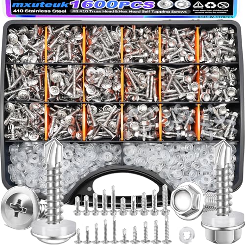 mxuteuk #8#10 Self Tapping Screws,410 Stainless Steel Self Drilling Screws for Metal,Truss Head & Hex Head 1/2" to1-1/4'' Self Tapping Screw for Plastic