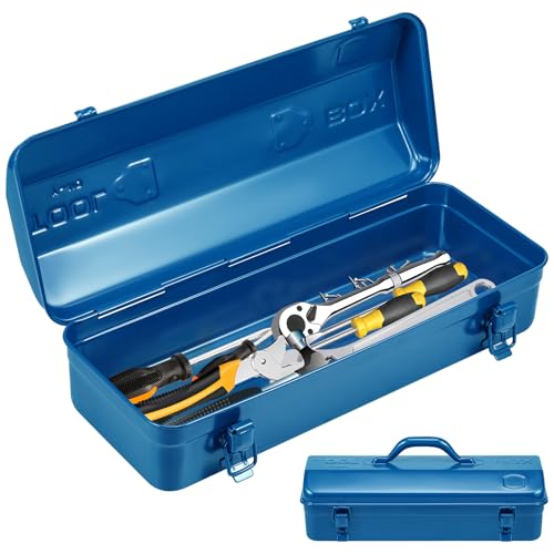 Tool Box, 16.9" Portable Metal Tool Organizer Box with Double Latch Closure and Handle, Heavy Duty Hip Roof Style Tool Chest for Household Workshop Car (Blue) Blue