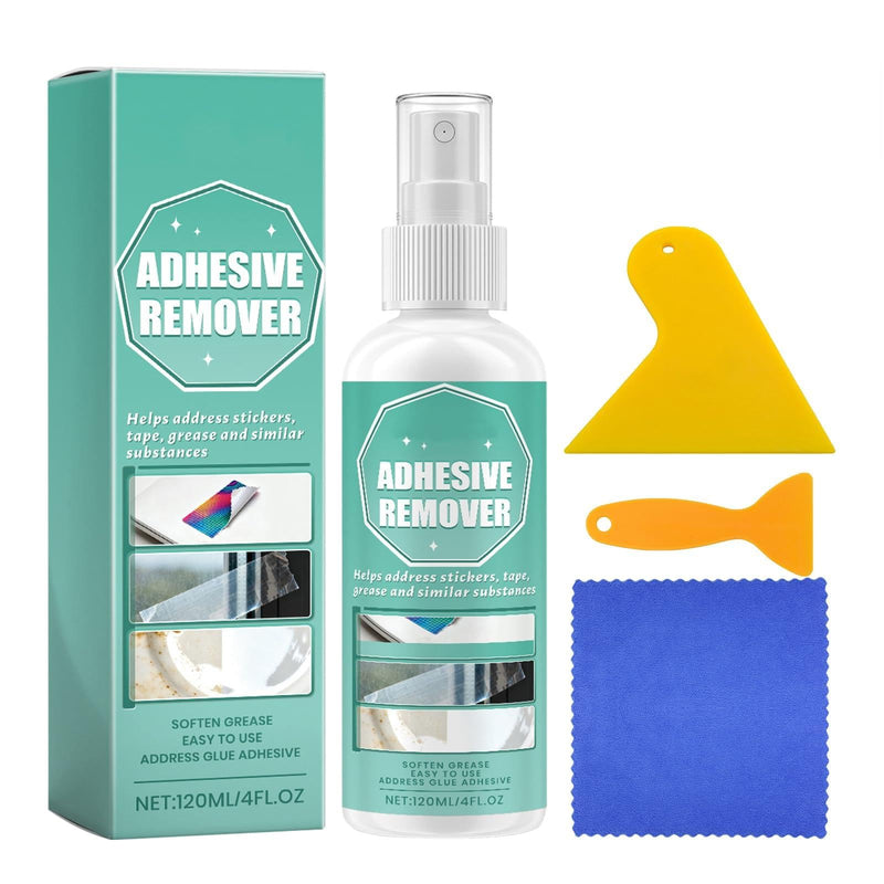 Adhesive residue remover spray, 120 ml, powerful label remover, adhesive remover, complete with scraper and cloth, effectively removes adhesive, labels and adhesive residue from glass, plastic and vehicles