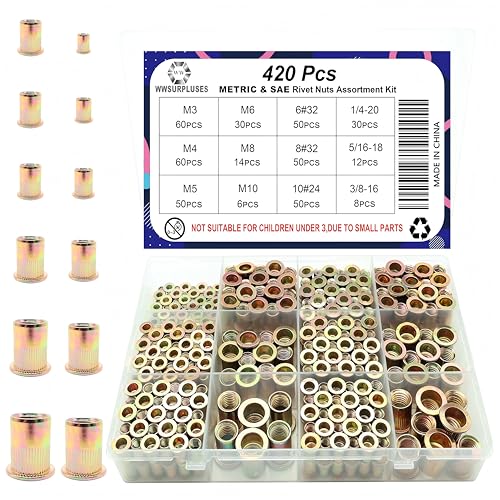 420Pcs SAE & Metric Rivet Nut Kit, Threaded Insert Nutsert Rivnut Kit Yellow SAE & Metric 420Pcs Kit