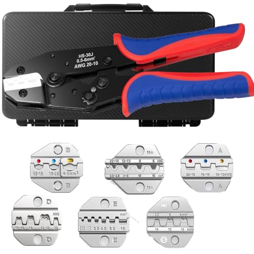 Wire Crimping Tool,6 Interchangeable Dies Crimper,for AWG22‑10 Heat Shrink,Insulated Nylon,AWG22‑6 Non‑Insulated Cable Lugs,AWG20‑10 Open Barrel Terminals,AWG24‑8 Ferrules,AWG14‑10 Solar Connectors 6