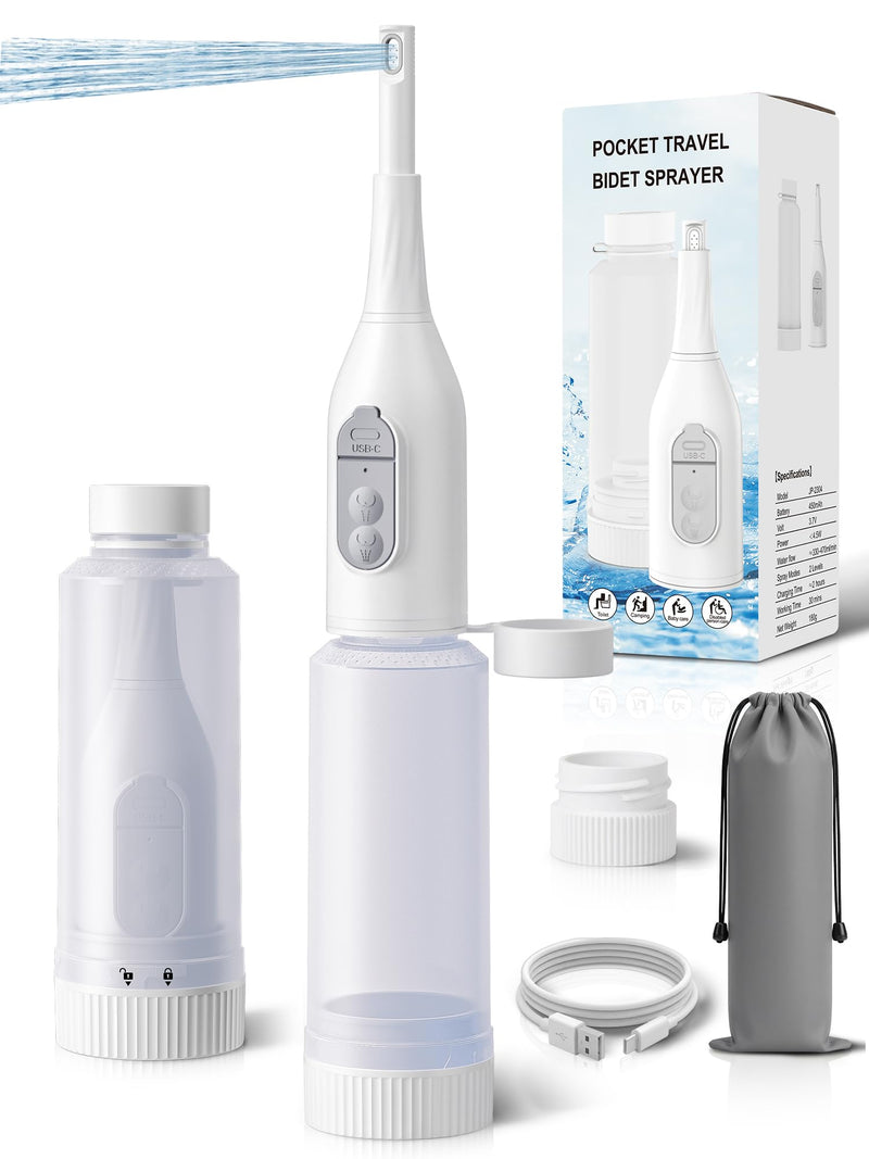 Portable Bidet for Travel – Electric Peri Bottle with Dual Spray Modes, 360° Nozzle, Water Bottle Adapter, USB Rechargeable, Waterproof, Travel Bidet for Postpartum & Personal Hygiene White