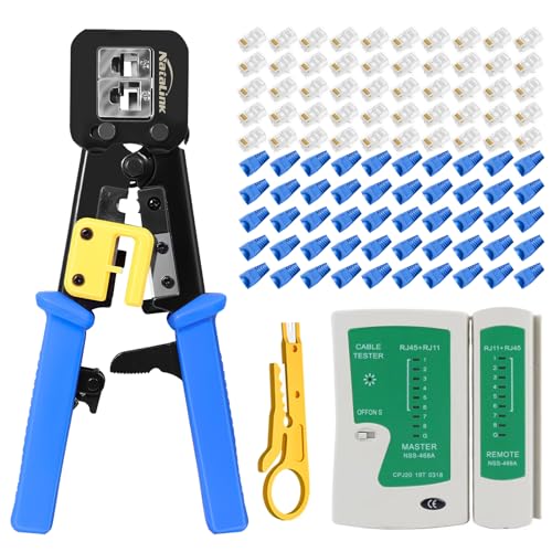 Pass Through RJ45 Crimp Tool Kit Cat 6 Cat 5E Cat 5 Ethernet Crimper Kit RJ45 Crimping Tool with Network Cable Tester, Mini Cable Stripper, 50 Pcs Cat6 Connectors and Strain Relief Boots 103