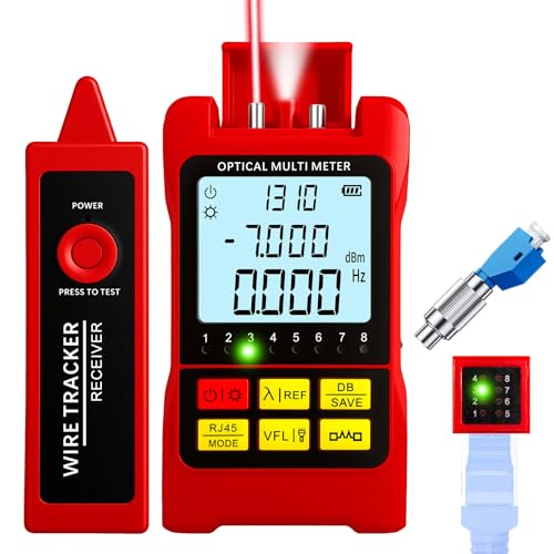 Portable 5-in-1 Fiber Optic Cable Tester with Optical Power Meter, Cable Finder, Visual Fault Locator & RJ45 Network Cable Test, SC/FC/ST Universal Interface with LC Adapter Red