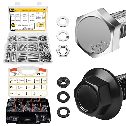 Mywish 448PCS Metric M5 M6 M8 Hex Head Nuts and Bolts Kit & 830PCS M6 M8 M10 Flange Hex Bolts Assortment Kit