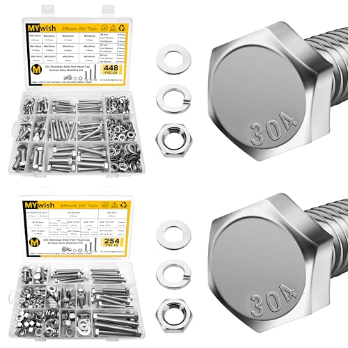 Mywish 448PCS Metric M5 M6 M8 Bolts and Nuts Assortment Kit & 254PCS SAE 1/4 20 5/16 18 3/8 16 Nuts and Bolts Set with Flat Spring Washers, 304 Stainless Steel