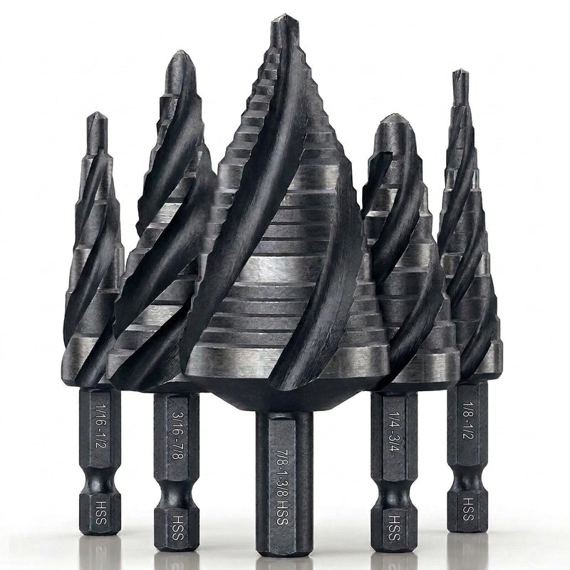 4 Spiral Flute Step Drill Bit Set with Case for Sheet Metal, Wood | 5PCS, 1/8"-1-3/8" HSS Unibits, 1/4" and 3/8" Quick-Change Hex Shank, Use in Electrical Installation, DIY Repair 1/8"-1-3/8" (5Pcs)
