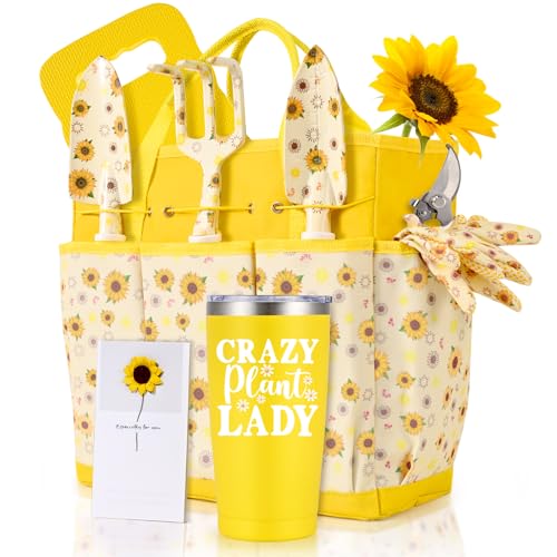 Lifecapido Gardening Gifts for Women, Gardening Hand Tools, 9 PCS Sunflower Garden Tool Set Kit with Garden Tool Bag, Birthday Christmas Mothers Day Garden Tools Gifts for Gardeners Women Mom (Yellow) Yellow