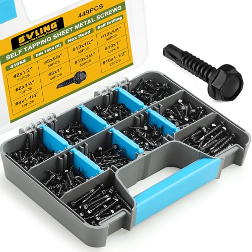 Black Self Tapping Screws Assortment Kit 449PCS, Stainless Steel 410 Self Drilling Screws for Metal, #8#10 1/2" 5/8" 3/4" 1" 1-1/4" 1-1/2", Hex Washer Head Sheet Metal Screw #8/#10 Assorted Black 449