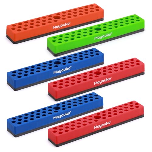 Mayouko 6PCS 1/4" Magnetic Hex Bit Holder Rack Organizer, 258 Holes, 1/4-Inch Drill Bit Holder, 6 Racks, Magnetic Bit Holder with Magnet Base for Screwdriver Bits Red-2packs,blue-2packs,orange,green