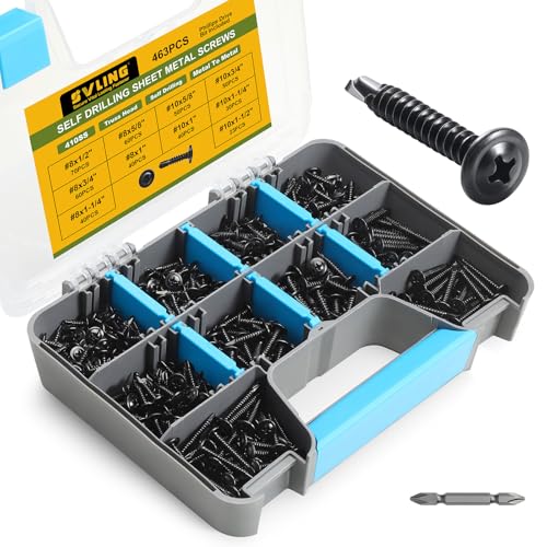 Black Self Tapping Screws Assortment Kit 463PCS, Modified Truss Head Sheet Metal Screws #8#10 1/2",5/8",3/4",1",1-1/4",1-1/2" Stainless Steel 410 Self Drilling Screw for Metal Wood Plastic #8#10 463PCS Black