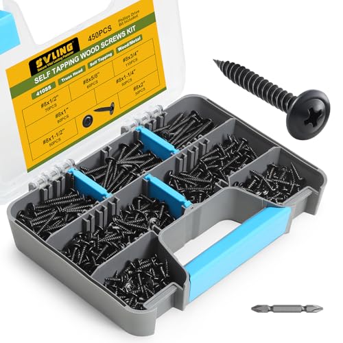 Black Wood Screws Phillips Modified Truss Head Assortment Kit 450PCS, Stainless Steel 410 Quick Self Tapping Screws for Wood Metal, #8 x 1/2",5/8",3/4",1",1-1/4",1-1/2",2" #8 450PCS Black