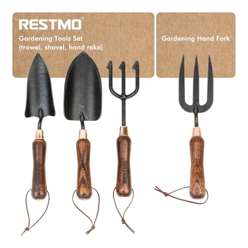 RESTMO Gardening Tools Bundle: Heavy Duty Gardening Tools Kit & Gardening Hand Fork, Premium Carbon Steel Garden Hand Tools with Ergonomic Wooden Handle