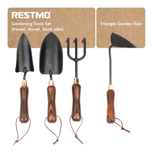 RESTMO Gardening Tools Bundle: Heavy Duty Gardening Tools Kit & Triangle Garden Hoe, Premium Carbon Steel Garden Hand Tools with Ergonomic Wooden Handle