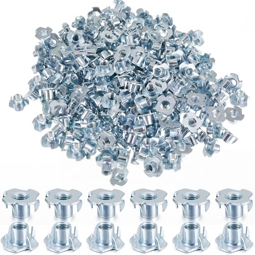 200 Pcs T-Nuts 3/8"-16, Zinc-Plated Steel Corrosion Resistant, 7/16" Barrel Length, 4-pronged Climbing Wall Tee Nut for Rock Climbing Holds, Wood, Cabinetry (Blue Zinc) Blue Zinc 200