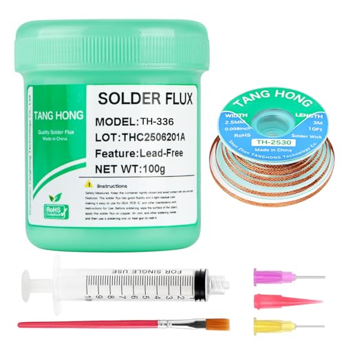TH-336 Flux Soldering, 100 g, No-Clean Lead-Free Rosin Flux (1 Piece), 2.5 mm/3 m Desoldering Braid (Pack of 1), Suitable for Mobile Phone Soldering, BGA, Household Appliance Repairs 2-piece set