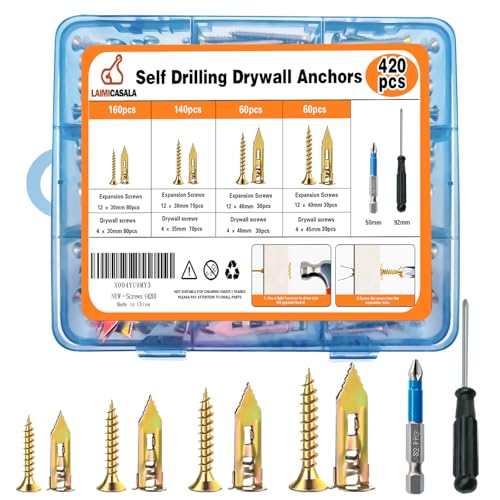 420PCS Self Drilling Drywall Anchors with Screws Kit, Wall Anchors for Drywall, Heavy Duty Metal Expansion Bolts, Sheetrock Anchors & Zinc Plated Steel Expansion Screws, No Drill Needed for Shelf, etc 420
