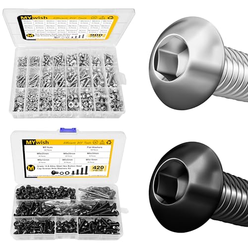 Mywish 900Pcs Stainless Steel M3 M4 M5 M6 Metric Screw Assortment Kit & 420Pcs 10.9 Grade Alloy Steel M5 Nuts and Bolts Kit with Nuts and Washers, Socket Cap Screws Assorted Kit