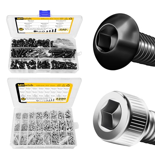 Mywish 240 Pieces Alloy Steel M6 Screws and Nuts and Bolts Assortment Kit & 2200Pcs M2-M5 Stainless Steel Metric Screw Assortment Kit with Nuts and Washers, Hex Spanner Included