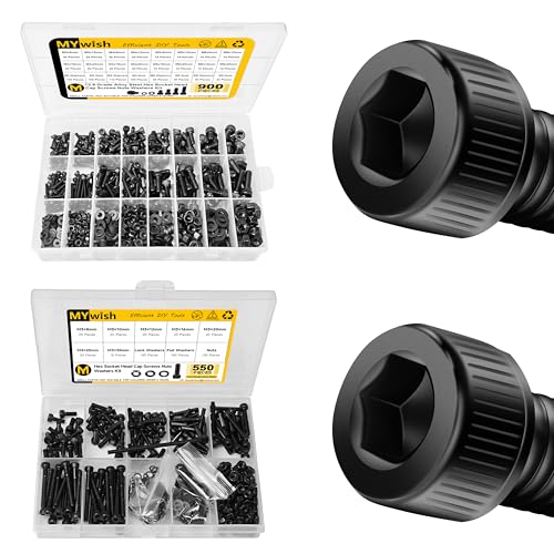 Mywish 900Pcs M3 M4 M5 M6 Metric Screws Assortment & 550Pcs M3 Metric Screws and Nuts Assortment, Grade 12.9 Alloy Steel Hex Socket Head Cap Screws and Nuts, Black Oxided with Hex Spanner