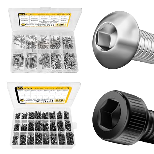 Mywish 800Pcs Button Head Socket Cap M2 Metric Screws Assortment Kit & Mywish 900Pcs Socket Hex M3 M4 M5 M6 Metric Screws Nuts and Bolts Assortment, with Flat & Spring Lock Washers/Nuts/Hex Wrenches