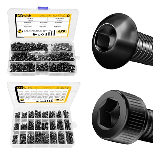 Mywish 420Pcs 10.9 Grade Steel Metric M5 Nuts and Bolts Screw Assortment & 900Pcs Grade 12.9 Alloy Steel M3 M4 M5 M6 Metric Screws Assortment Nuts and Bolts, Anti Rust Machine Screws
