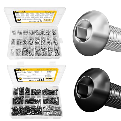 Mywish 1290 Pieces M2 M3 M4 M5 Screw Nuts and Bolts Assortment Kit & 640Pcs M6 Screw Black Bolts and Nuts Kit, Socket Head Cap Screw Metric Bolts Assortment, Machine Screws, Fully Threaded Hex Spanner