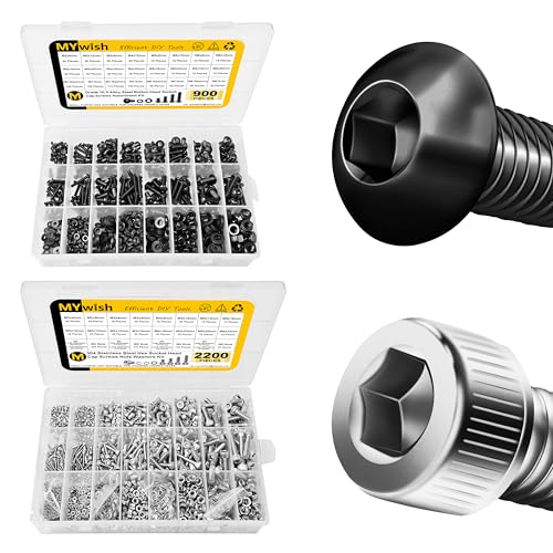 Mywish 900Pcs M3 M4 M5 M6 Metric Screw Assortment Kit with Bolts Nuts & Flat Washers & 2200Pcs M2-M5 Metric Screw Assortment Kit, Stainless Steel Hex Bolts & Nuts