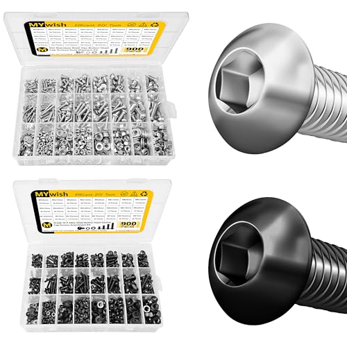 Mywish 900Pcs Metric Screw Assortment Kit, M3 M4 M5 M6 Bolts Nuts & Flat Washers, 1Pack 304 Stainless Steel & 1Pack 10.9 Alloy Steel, Button Head Socket Cap Screws Bolts Flat Washers/Nuts/Hex Spanner