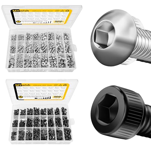 Mywish 900Pcs Stainless Steel Button Socket Cap Metric M3 M4 M5 M6 Screw Assortment Kit & 900Pcs Grade 12.9 Round Head Alloy Steel M3 M4 M5 M6 Nuts and Bolts, Bolts & Flat Washers/Nuts/Hex Wrenches
