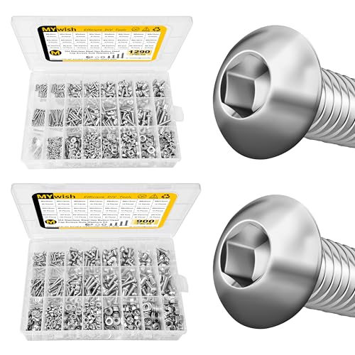 Mywish 1290 Pieces M2 M3 M4 M5 Screw Nuts and Bolts Assortment Kit & 900Pcs M3 M4 M5 M6 Metric Screw Assortment Kit, Bolts Nuts & Flat Washers, Button Head Socket Cap Metric Screw Assortment