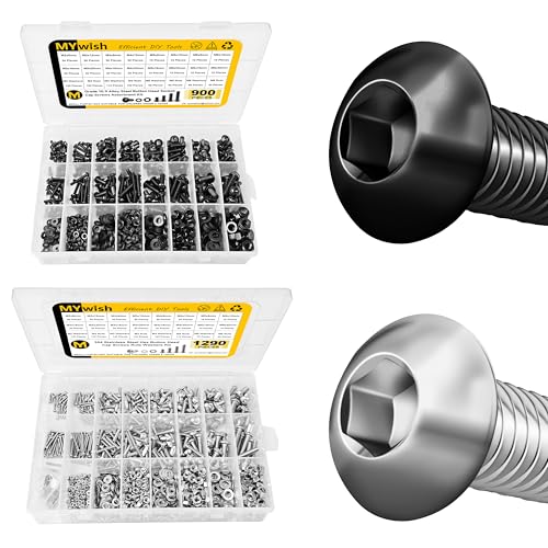 Mywish 900Pcs Alloy Steel M3 M4 M5 M6 Metric Screw Assortment Kit & 1290 Pieces M2 M3 M4 M5 Nuts and Bolts Assortment Kit, Button Head Socket Screws Set