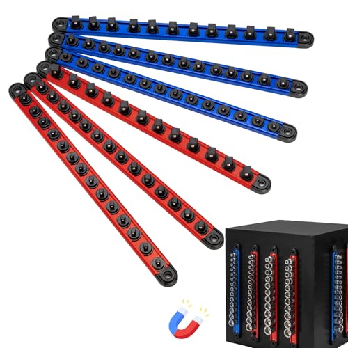 6PC Magnetic Socket Organizer Set, 1/2" 3/8" 1/4" Drive 6 Pieces-1/4", 3/8", 1/2" DR Red & Blue