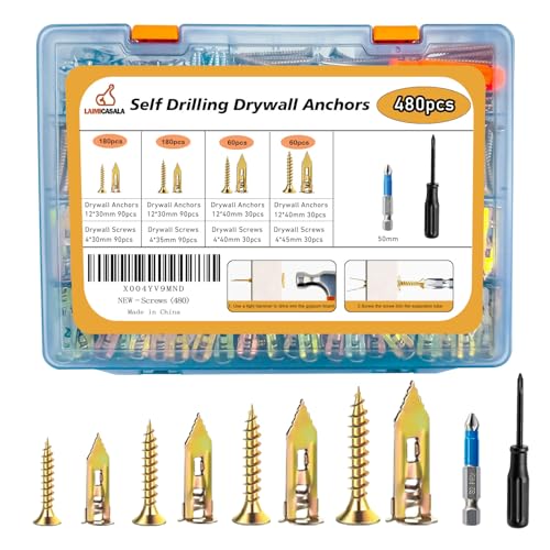 480pcs Self Drilling Drywall Anchors with Screws Kit- Heavy Duty Metal Expansion Bolts, 4 Sizes Sheetrock Anchors & Zinc Plated Steel Expansion Screws,No Drill Needed for TV Shelf Decor Frame Install