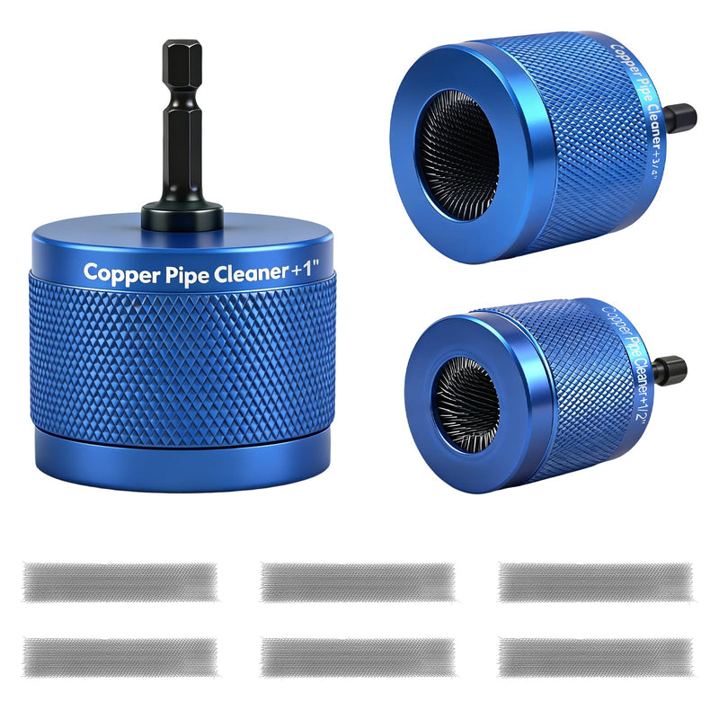 1/2" 3/4" & 1" Copper Pipe Cleaner for Drill, Metal Tube Cleaning Brushes with 1/4" Hex Shank, Includes 6 Replacement Blades, Plumbing Tools for Solder Prep, Rust and Paint Removal