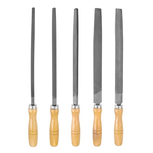 HARFINGTON 5pcs Metal File Set 10" Fine Teeth High Carbon Steel Hand Files with Wooden Handle Square/Flat/Triangle/Half-Round/Round for Metal Wood Stone Grinding Polishing Engraving 10 Inch