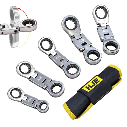 KJE 5PCS Stubby Metric 8-19mm Wrenches Set, 72-Tooth Flex Head Ratcheting Combination Wrench Set,Mini Wrench Set, Compact Double Box End Ratchet Wrench, for Tight Spaces