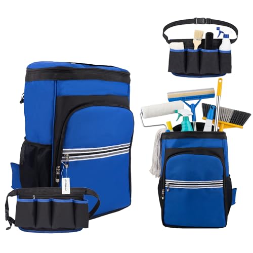 Cleaning Tool Backpack & Belt Set - Large Capacity Multi-Pocket, Durable Reinforced Material, Hands-Free for Housekeepers Cleaners Gardeners | Ideal for Housekeeping Car Cleaning Household Maintenance Blue